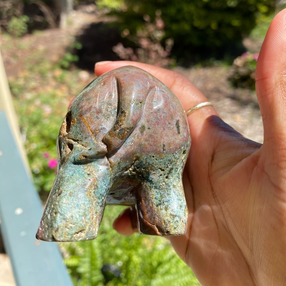 Natural, Colorful Orbicular Ocean Jasper Elephant Carving - Picture 4 of 8